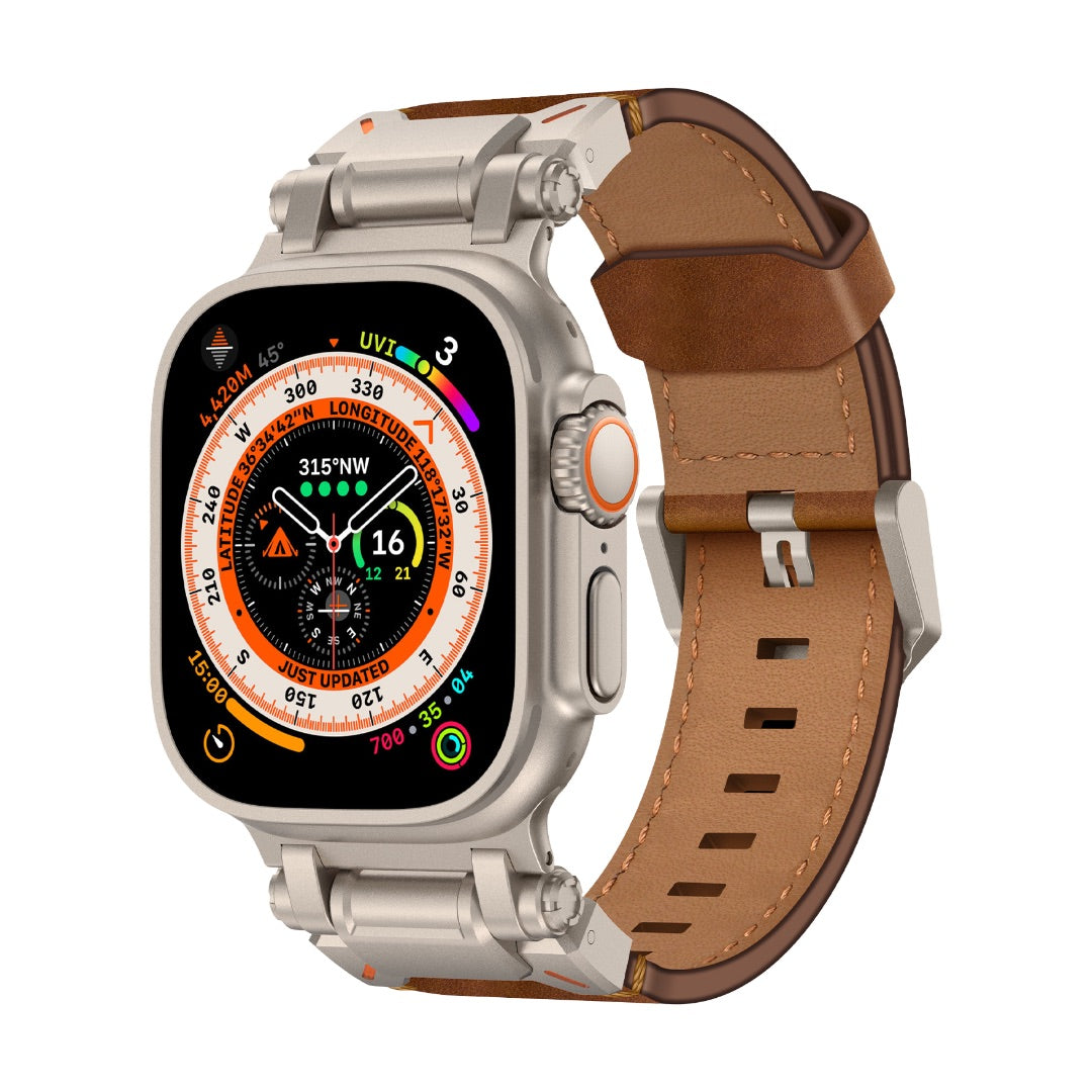 Bracelet en cuir marron avec boucle ardillon en acier inoxydable pour Apple Watch 42-49 mm, style robuste explorateur.