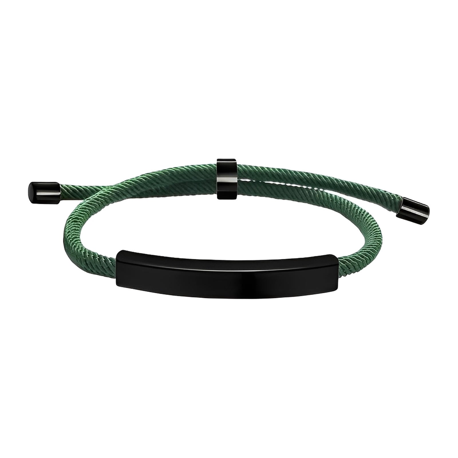 Bracelet cordon nylon vert avec barre et embouts coulissants en acier inoxydable noir mat.