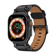 Bracelet cuir marron avec fermoir boucle ardillon en acier noir mat, style robuste pour Apple Watch 42-49 mm.