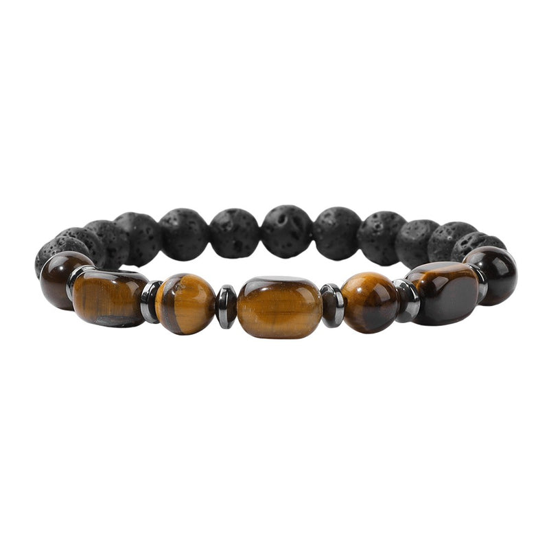 Bracelet élastique avec perles rondes noires en pierre volcanique et perles ovales marron en gemme naturelle, style masculin