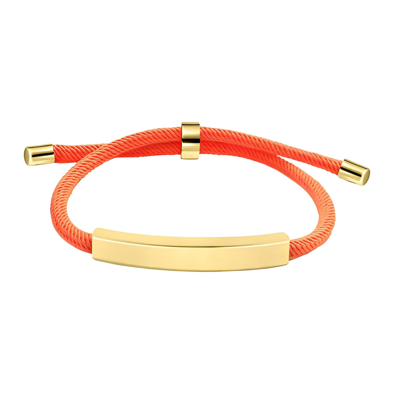 Bracelet cordon nylon orange avec barre acier inoxydable doré et fermoir coulissant doré.