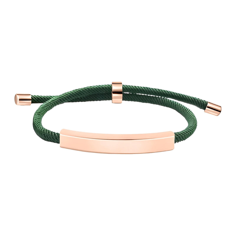 Bracelet cordon nylon vert avec barre rectangulaire en acier inoxydable rose doré et fermoir coulissant.