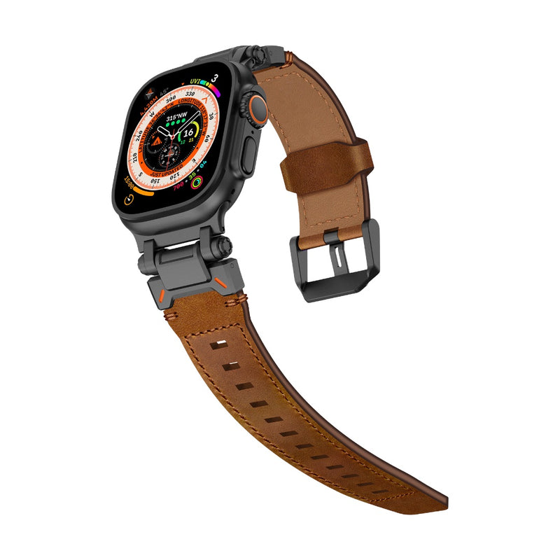 Bracelet en cuir marron style explorateur avec fermoir boucle ardillon en acier inoxydable compatible Apple Watch 42-49 mm.