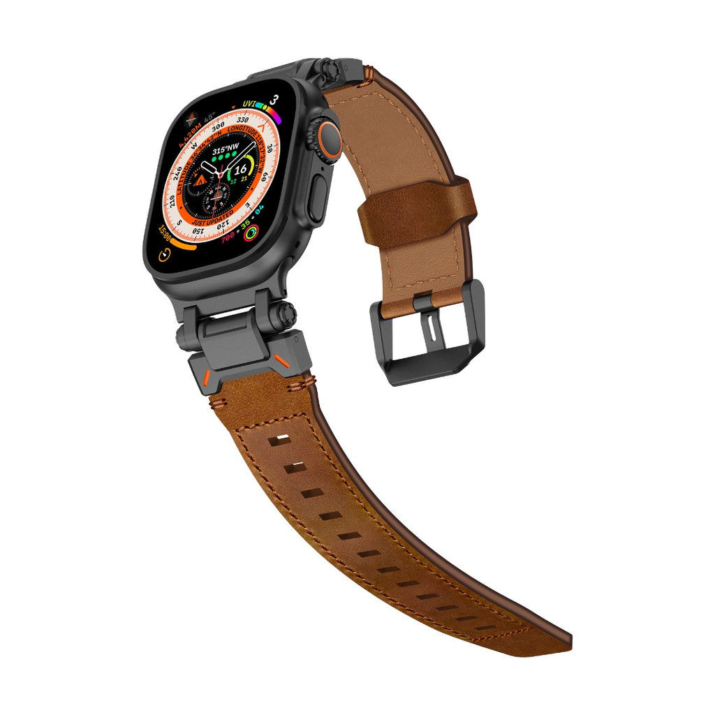 Bracelet en cuir marron style explorateur avec fermoir boucle ardillon en acier inoxydable compatible Apple Watch 42-49 mm.