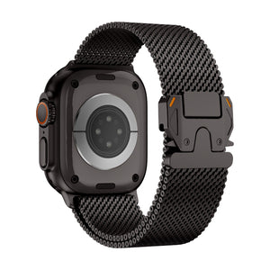 Bracelet Apple Watch maille milanaise en acier inoxydable noir avec fermoir sécurité parachute tactique design Élanko.
