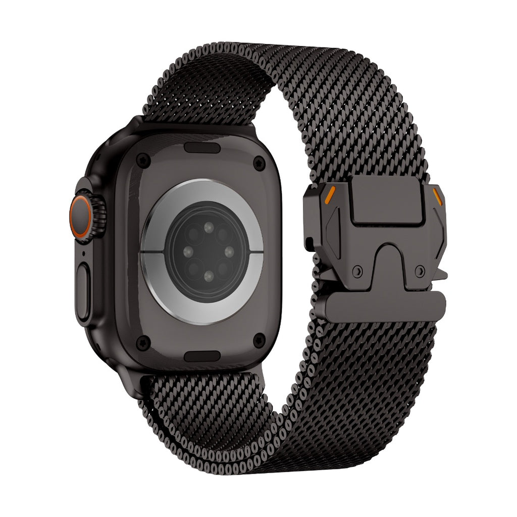 Bracelet Apple Watch maille milanaise en acier inoxydable noir avec fermoir sécurité parachute tactique design Élanko.