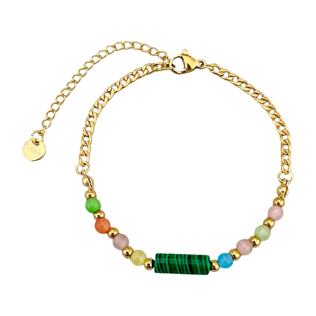 Bracelet fin à perles colorées, en acier inoxydable chaîne dorée avec pierre cylindrique, bijou délicat pour le quotidien, modèle Pénida