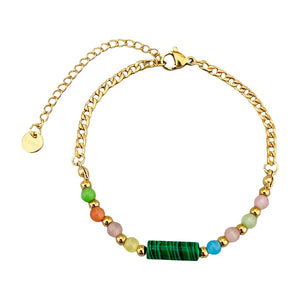 Bracelet fin à perles colorées, en acier inoxydable chaîne dorée avec pierre cylindrique, bijou délicat pour le quotidien, modèle Pénida