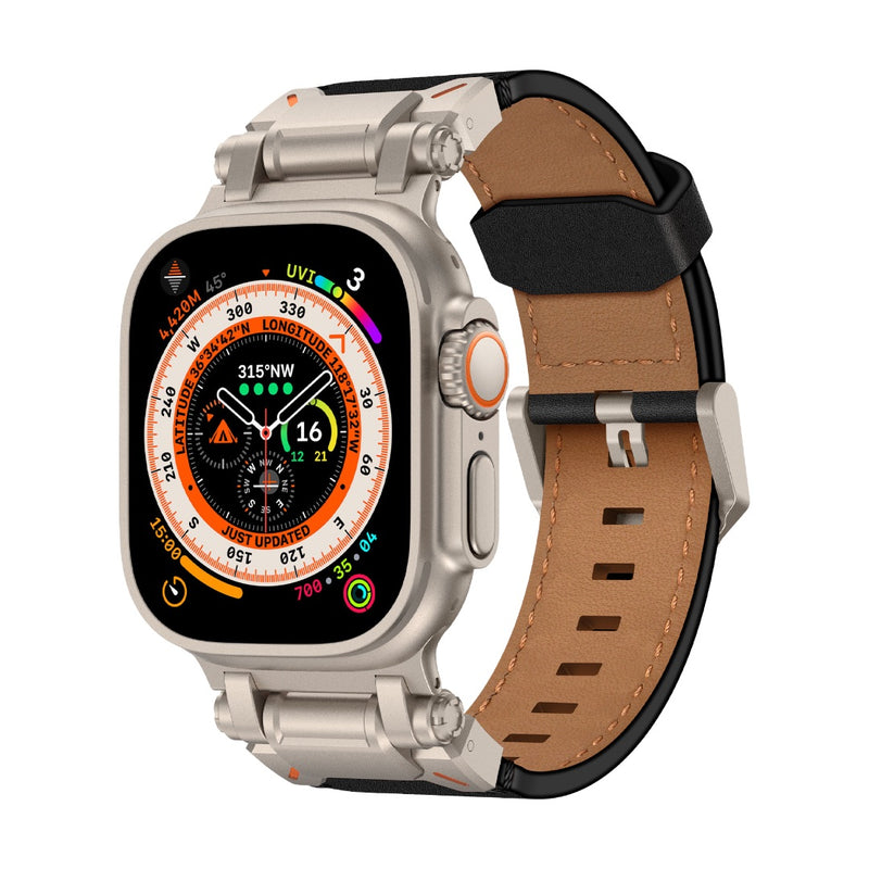 Bracelet en cuir marron clair avec doublure noire, boucle ardillon en acier inoxydable, style robuste explorateur pour Apple