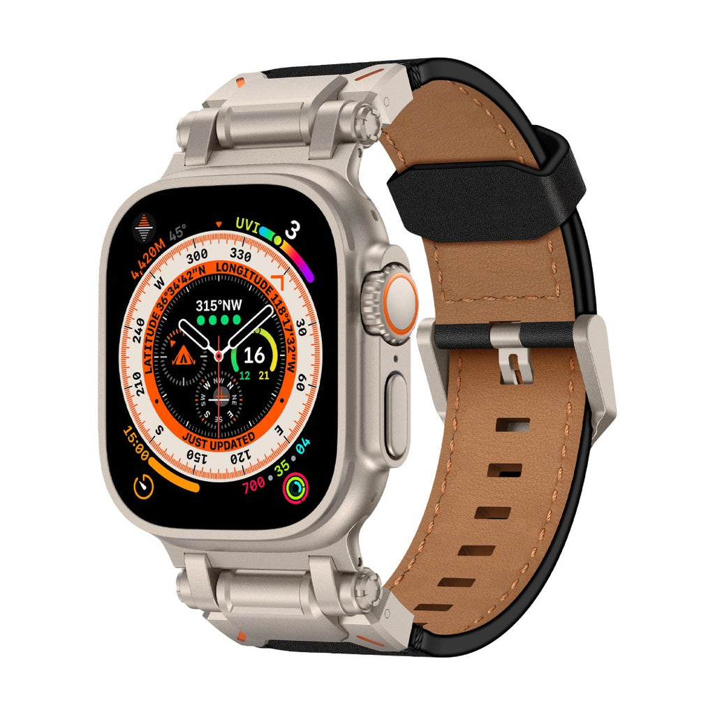 Bracelet en cuir marron clair avec doublure noire, boucle ardillon en acier inoxydable, style robuste explorateur pour Apple