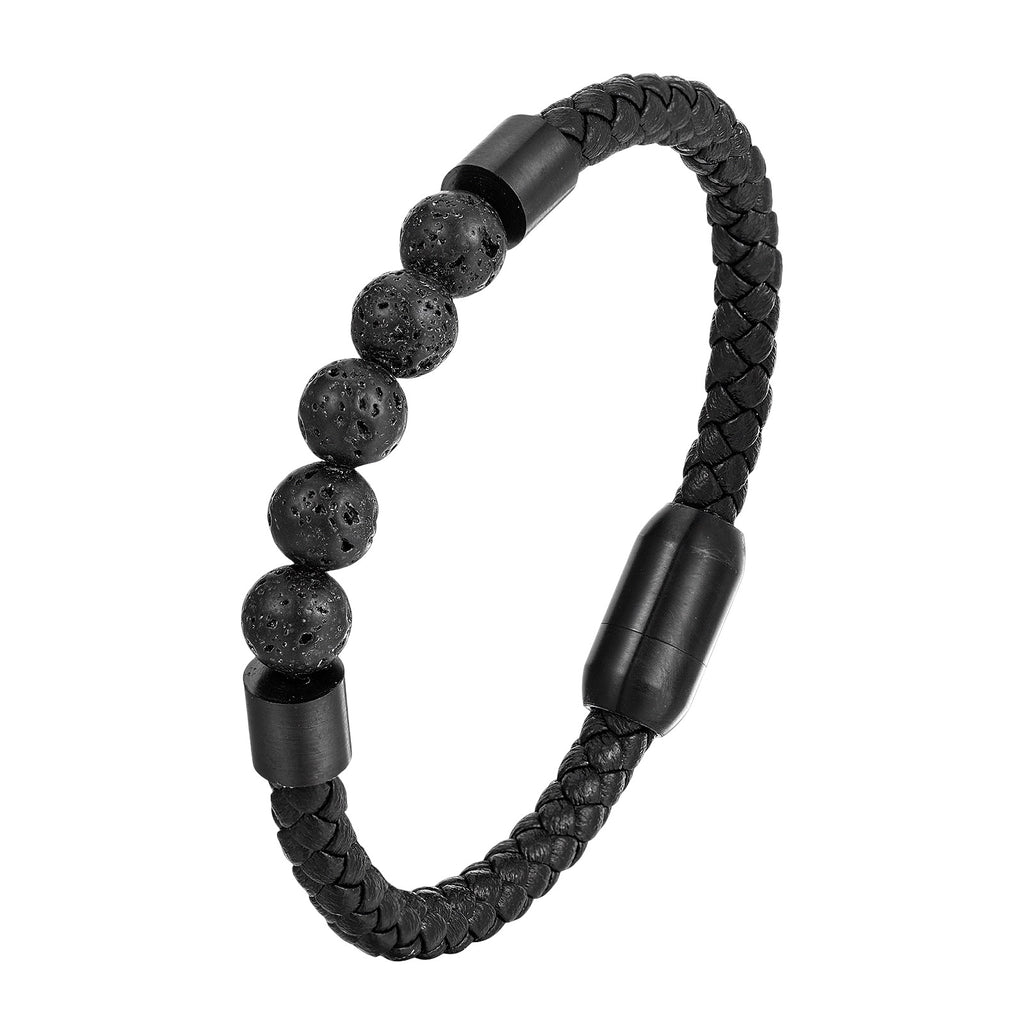 Bracelet homme en cuir noir tressé avec perles noires mates en pierres naturelles et fermoir magnétique noir élégant.