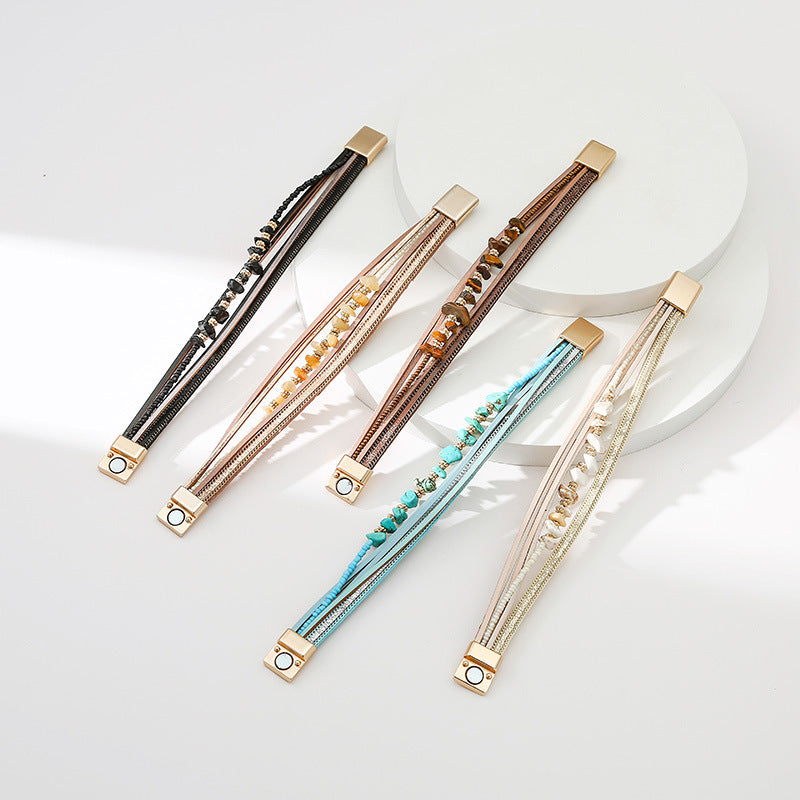 Multi-strand bracelet in vegan imitation leather, irregular natural stones, gold-colored magnetic clasp, bold style, Estie model