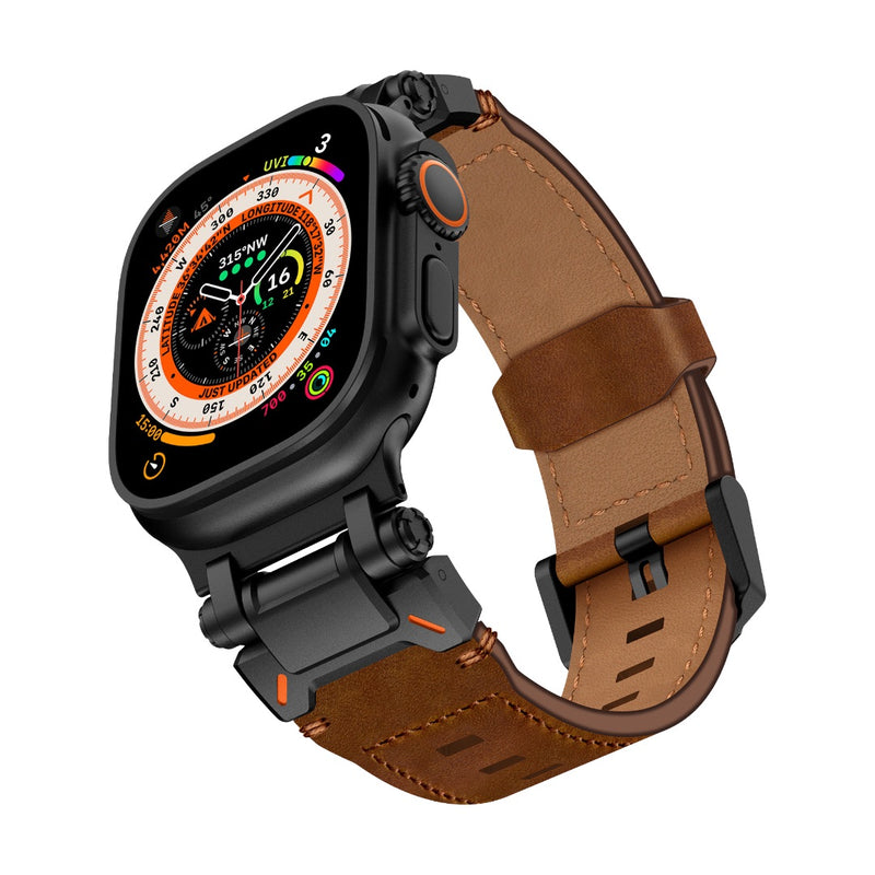 Bracelet en cuir marron à boucle ardillon noire en acier inoxydable, style robuste pour Apple Watch 42-49 mm, modèle Talmo.