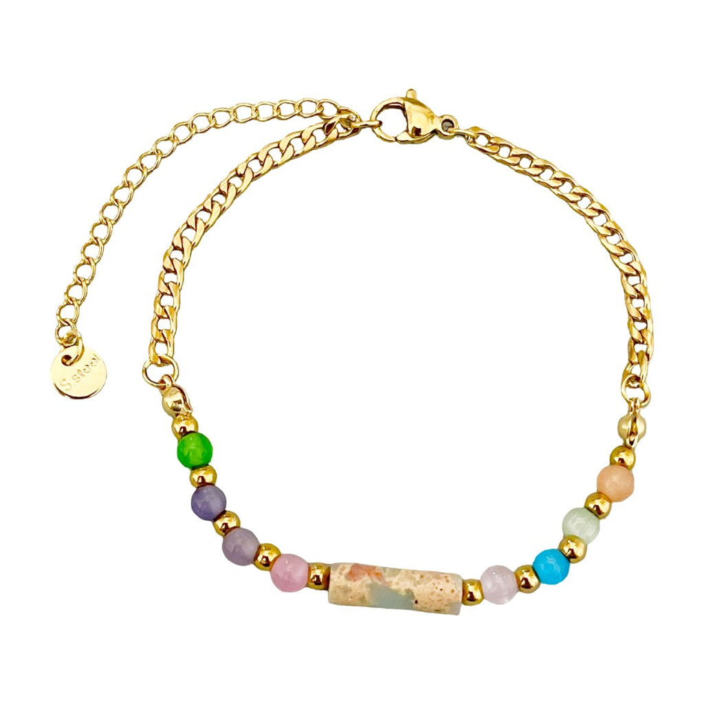 Bracelet fin à perles colorées, en acier inoxydable chaîne dorée avec pierre cylindrique, bijou délicat pour le quotidien, modèle Pénida