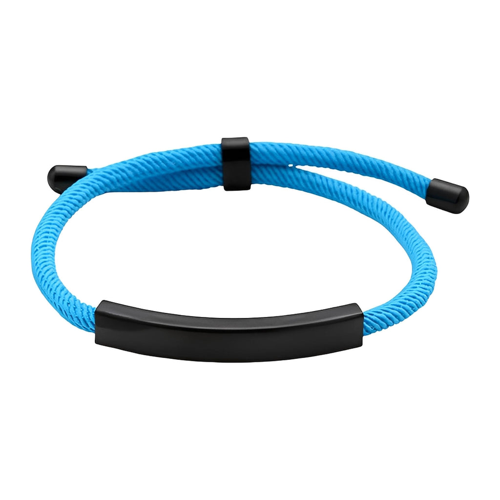 Bracelet cordon nylon bleu avec barre et fermoir coulissant en acier inoxydable noir.