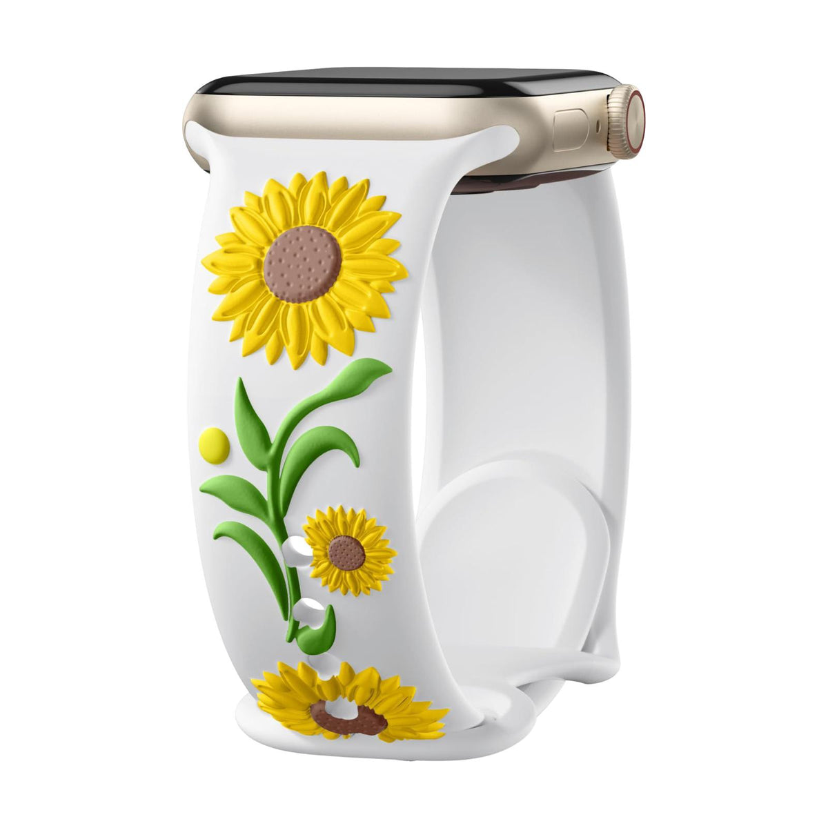 Bracelet Apple Watch silicone fleur de tournesol en relief, taille ajustable, disponible en plusieurs coloris, modèle Sunda
