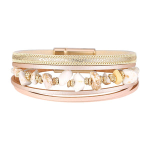 Multi-strand bracelet in vegan imitation leather, irregular natural stones, gold-colored magnetic clasp, bold style, Estie model