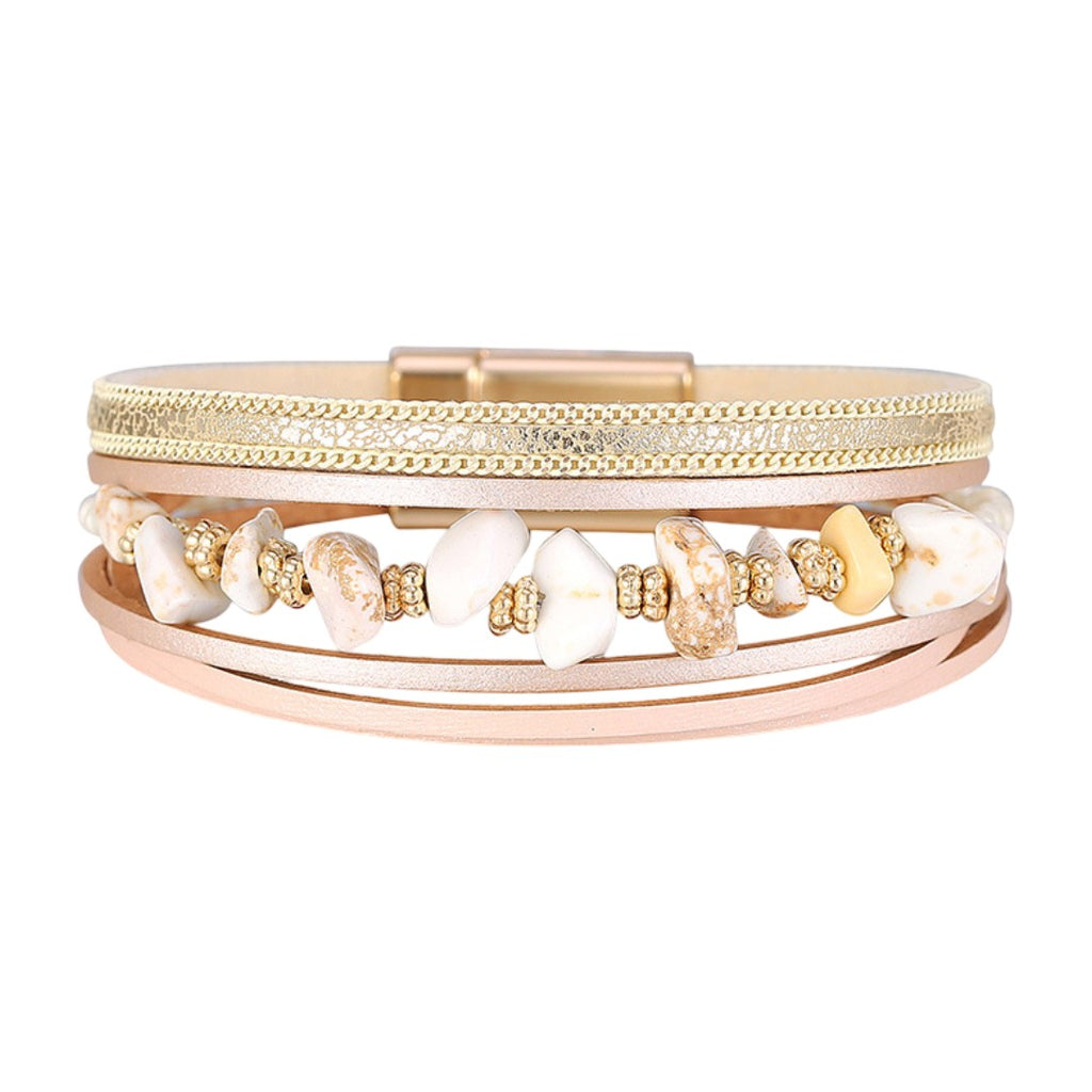 Multi-strand bracelet in vegan imitation leather, irregular natural stones, gold-colored magnetic clasp, bold style, Estie model