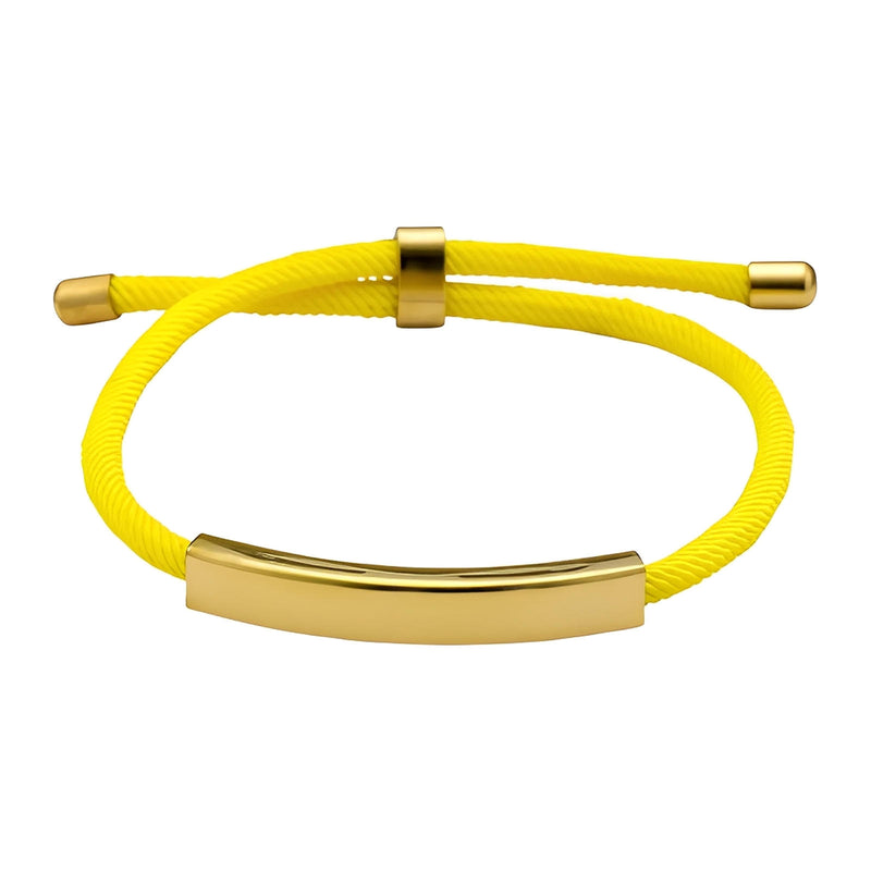 Bracelet cordon nylon jaune avec barre incurvée et fermoir coulissant en acier doré.