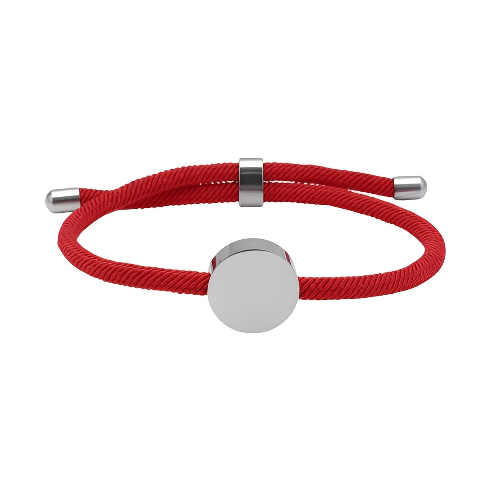 Bracelet cordon rouge ajustable avec médaillon rond en acier inoxydable poli, sans gravure visible.