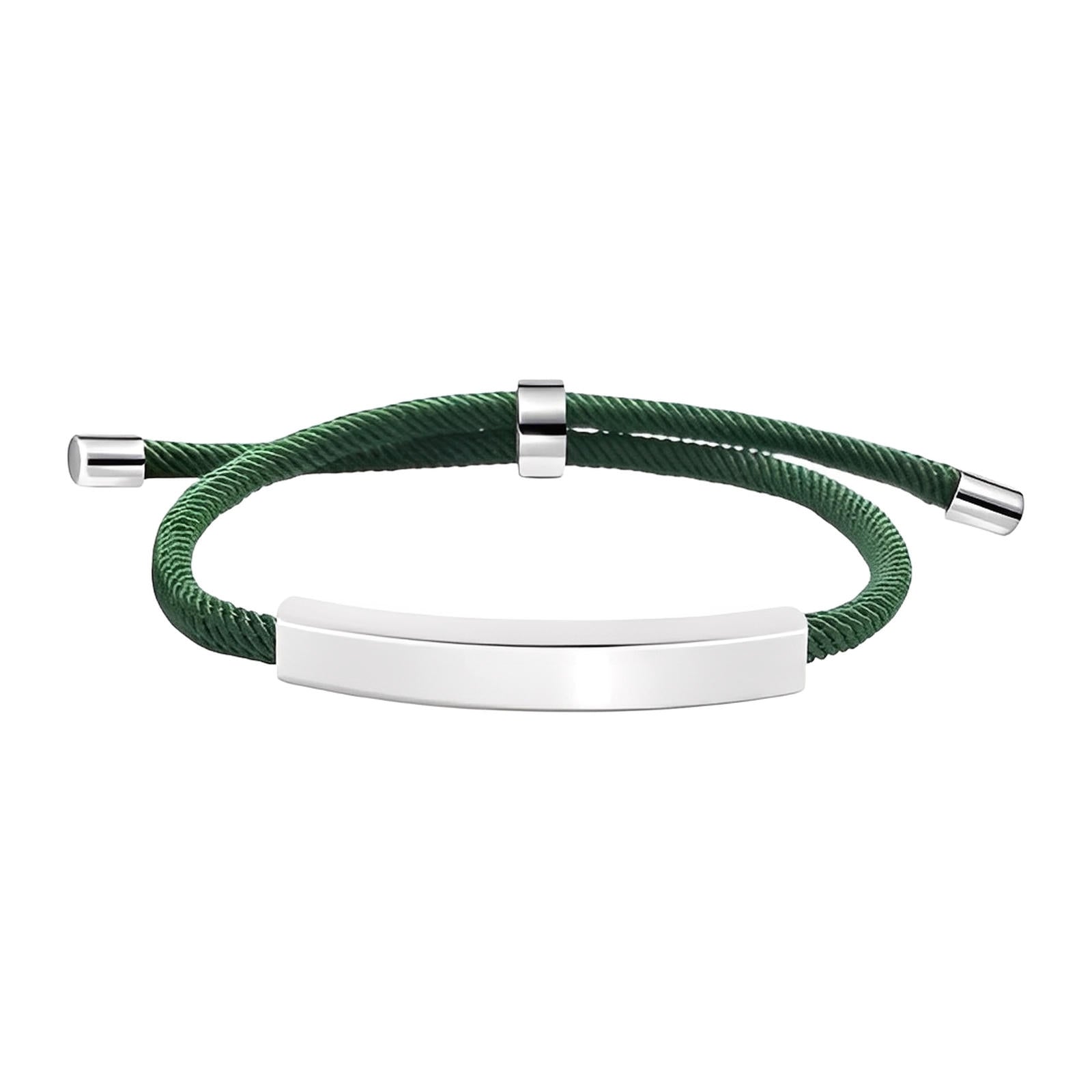 Bracelet personnalisé avec cordon nylon vert, barre inox poli et fermoir coulissant argenté.