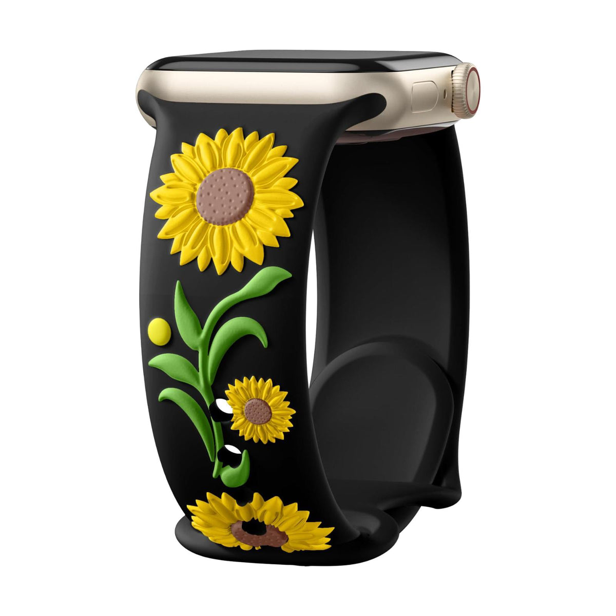 Bracelet Apple Watch silicone fleur de tournesol en relief, taille ajustable, disponible en plusieurs coloris, modèle Sunda