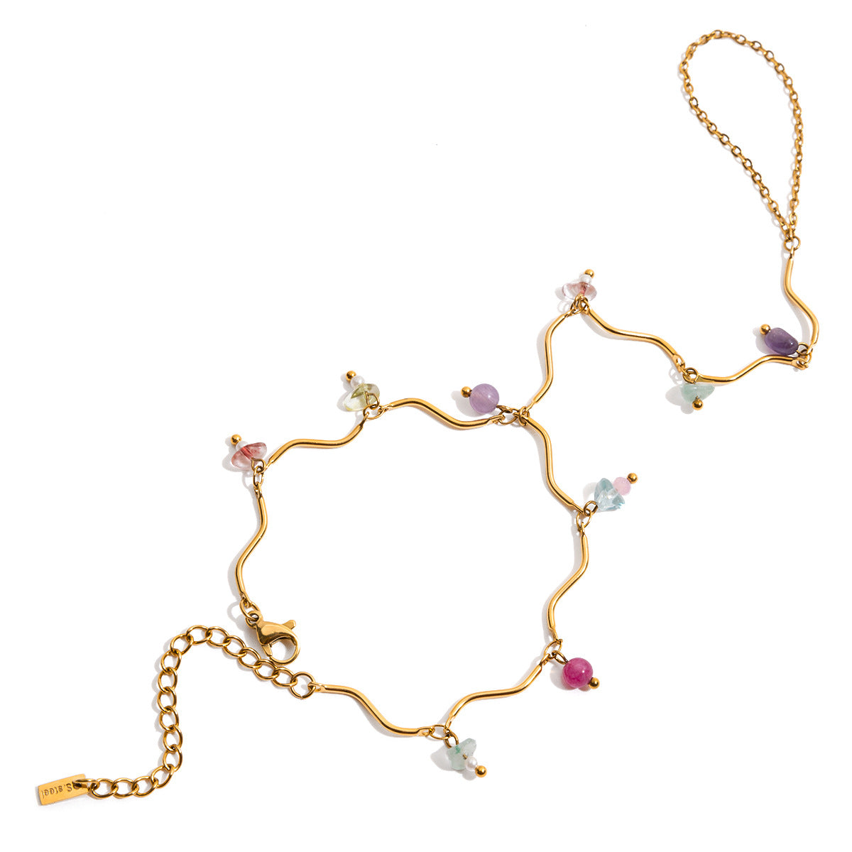 Bijou de main doré en acier inoxydable avec chaîne ondulée et pierres naturelles multicolores fines.