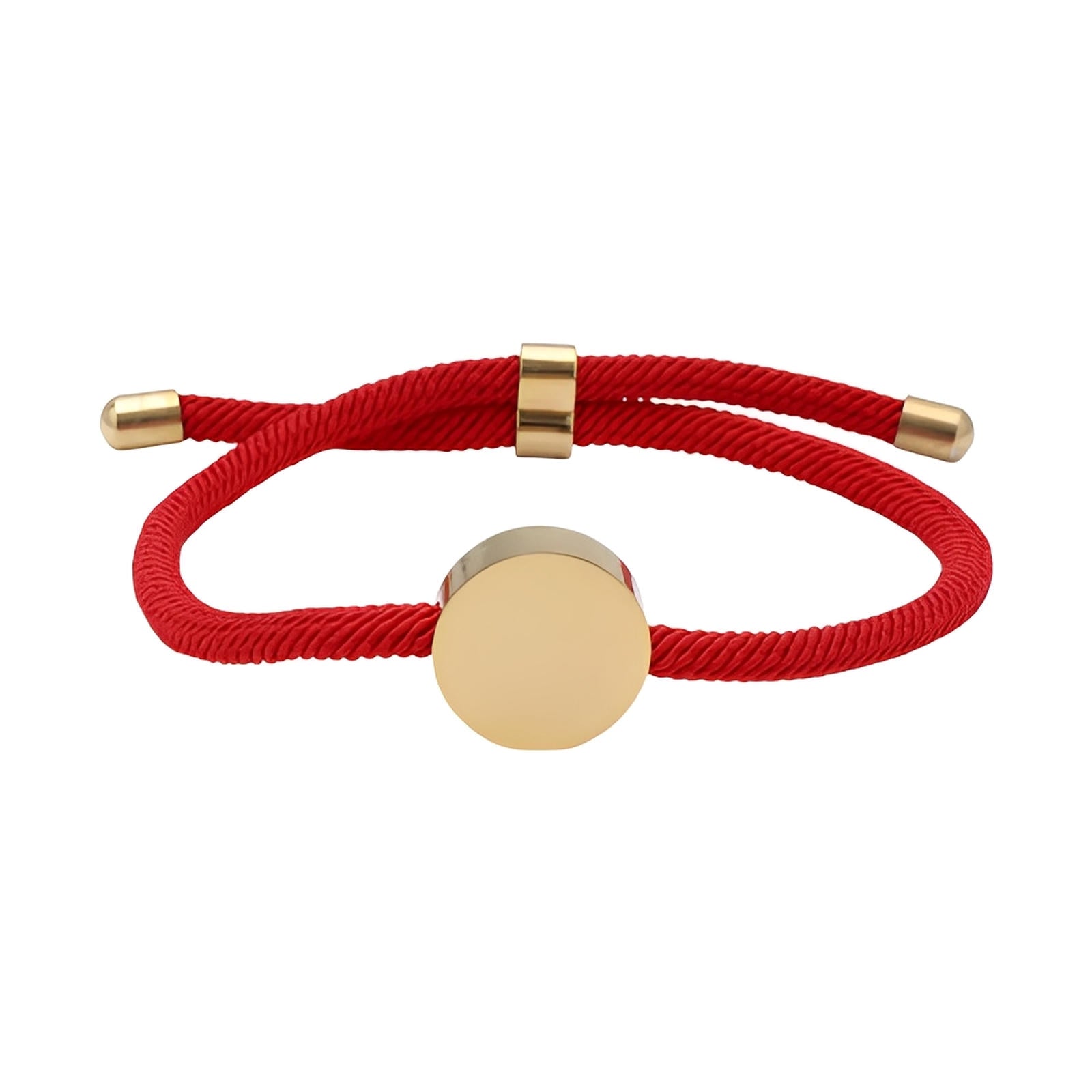 Bracelet cordon rouge avec médaillon rond en acier inoxydable doré ajustable.