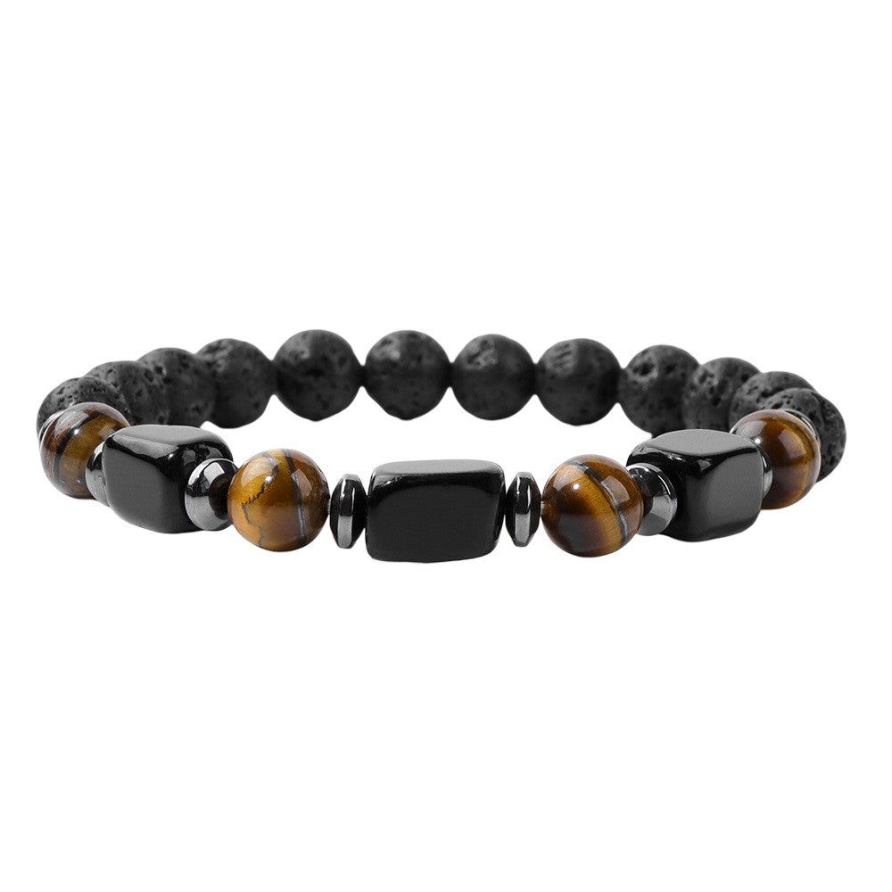 Bracelet élastique mixte en perles noires de pierres volcaniques mates et gemmes œil de tigre brillantes, design masculin.