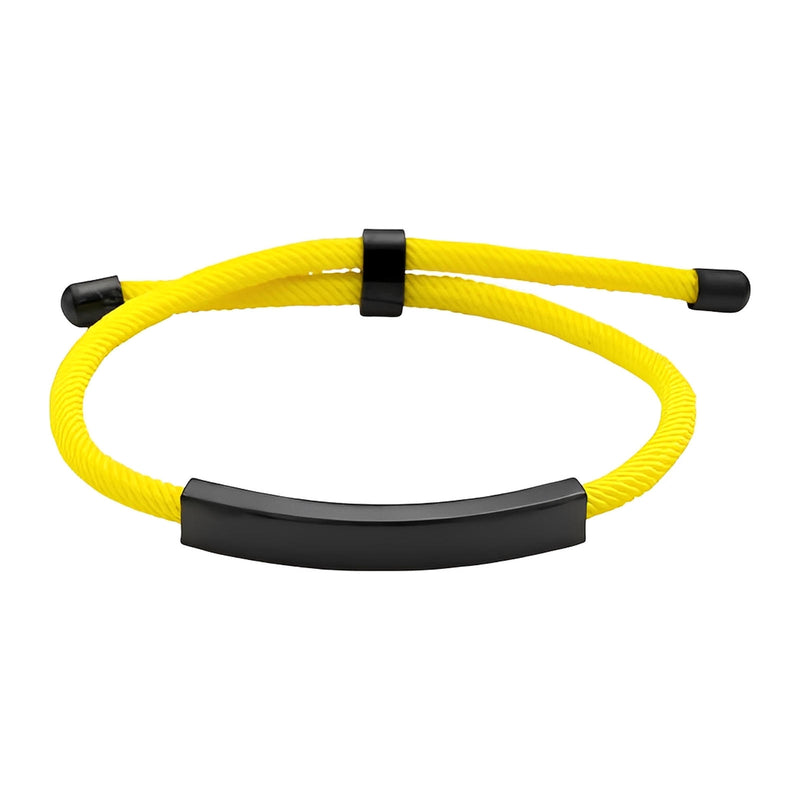 Bracelet cordon nylon jaune avec barre et fermoir coulissant en acier inoxydable noir.