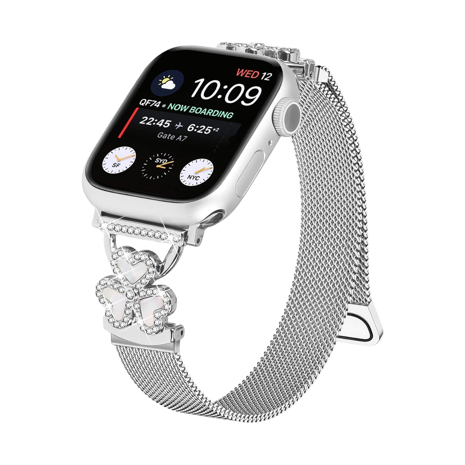 Bracelet en maille pour Apple Watch, acier inoxydable avec fermoir magnétique, pendentif trèfle serti d'oxyde de zirconium et nacre, modèle Podale