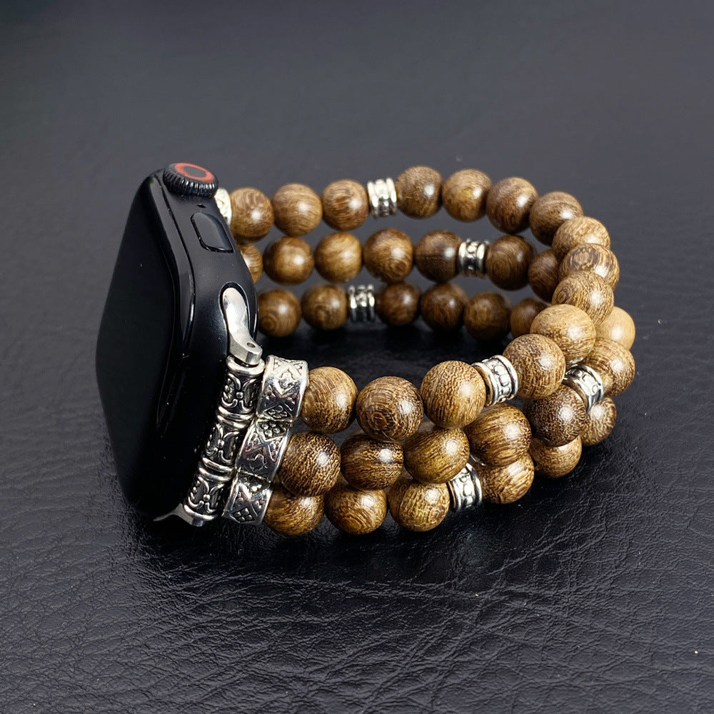 Bracciale per Apple Watch in perle di legno, con connettori argentati incisi, stile etnico chic, elastico, modello Woody