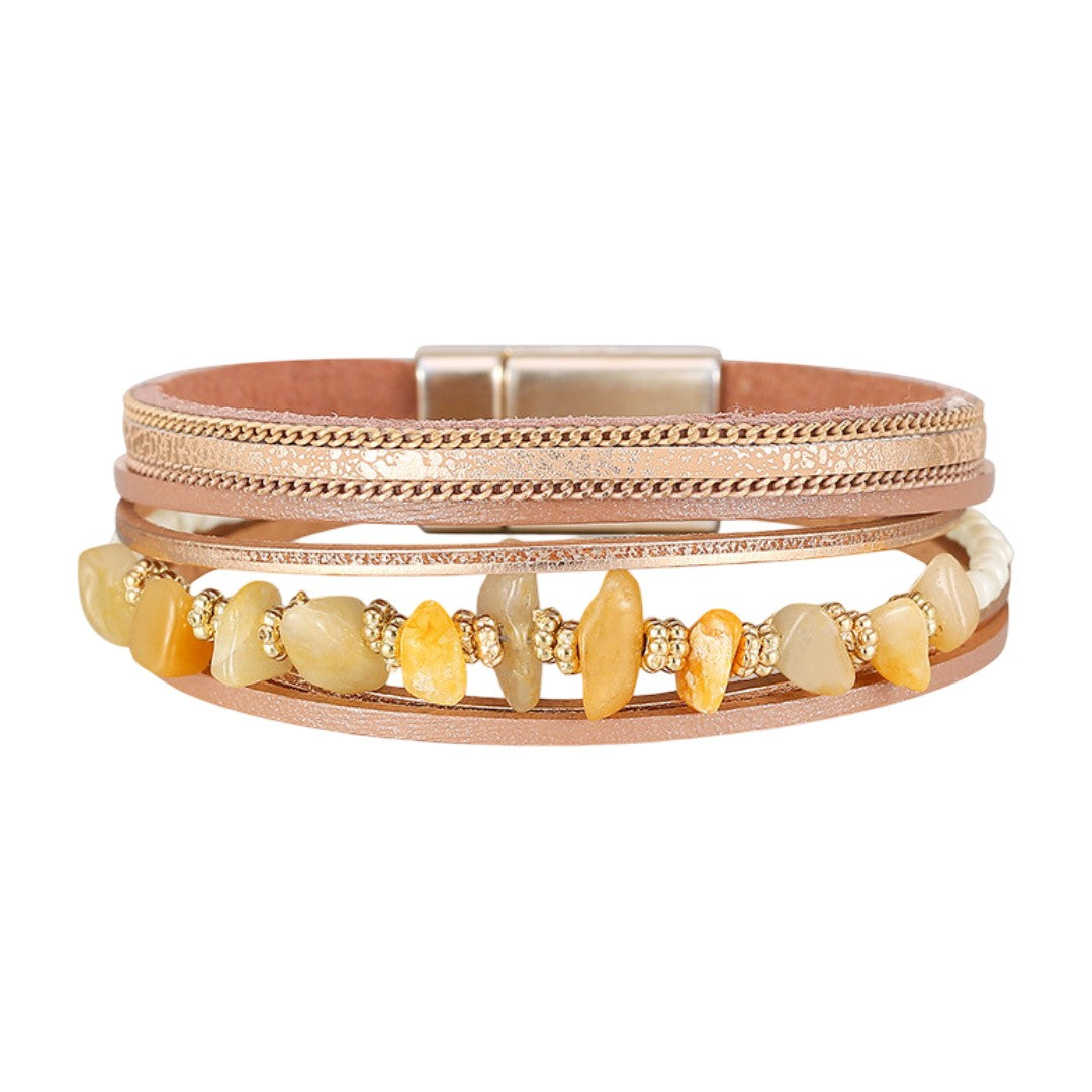Multi-strand bracelet in vegan imitation leather, irregular natural stones, gold-colored magnetic clasp, bold style, Estie model