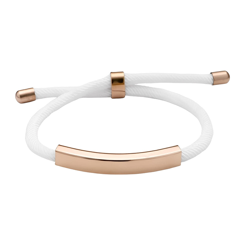 Bracelet blanc en nylon avec barre incurvée en acier inoxydable doré et fermoir coulissant doré.