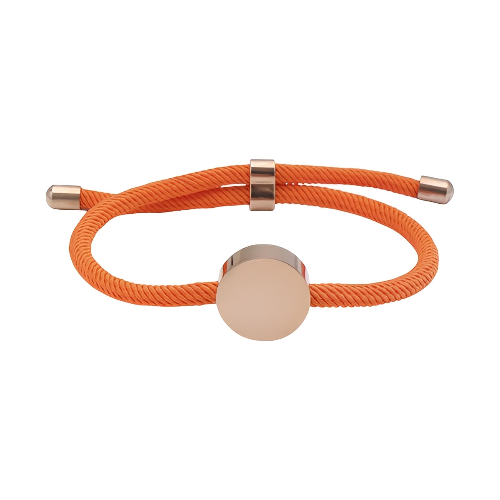 Bracelet cordon orange avec médaillon rond en acier inoxydable poli, design simple et épuré.