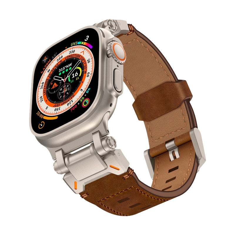 Bracelet en cuir marron avec boucle ardillon en acier inoxydable pour Apple Watch, style explorateur robuste, compatible.