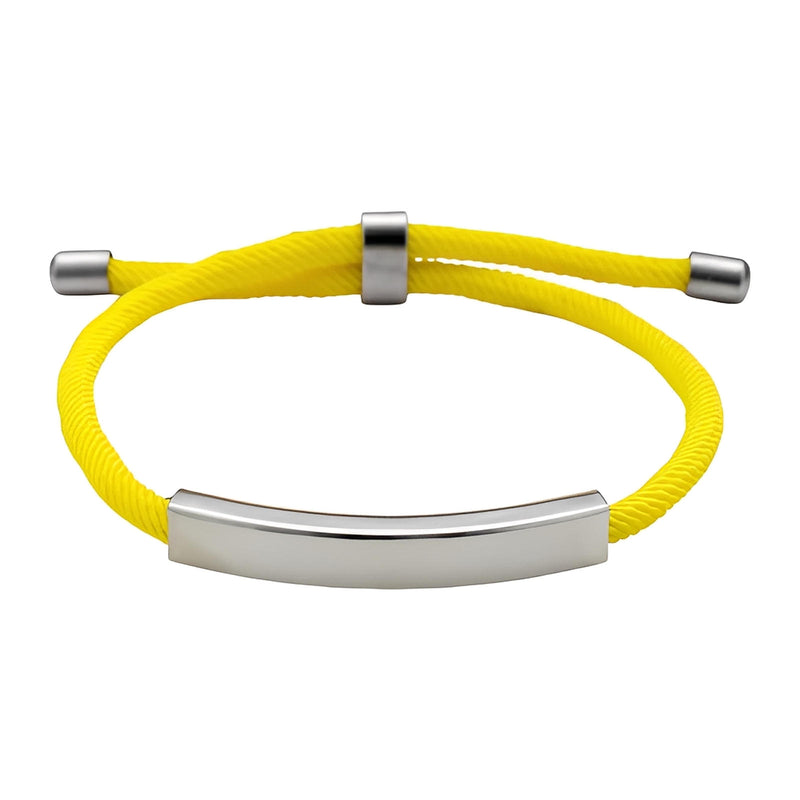 Bracelet cordon jaune en nylon avec barre et fermoir coulissant en acier inoxydable lisse.