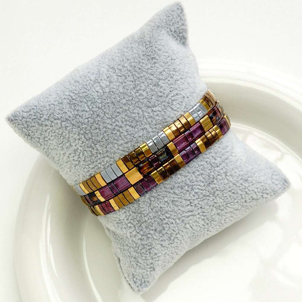 Trio de bracelets élastiques en perles Tila, reflets lilas dorés et argentés, modèle Misaka