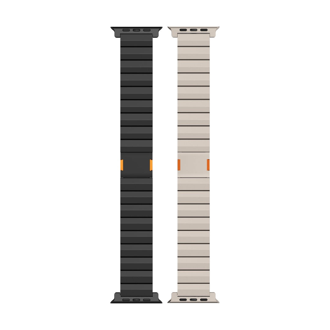 Bracelet Apple Watch en titane, design à maillons rectangulaires, noir et gris clair, fermetures magnétiques orange.