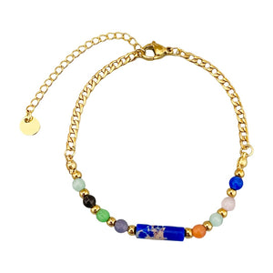 Bracelet fin à perles colorées, en acier inoxydable chaîne dorée avec pierre cylindrique, bijou délicat pour le quotidien, modèle Pénida