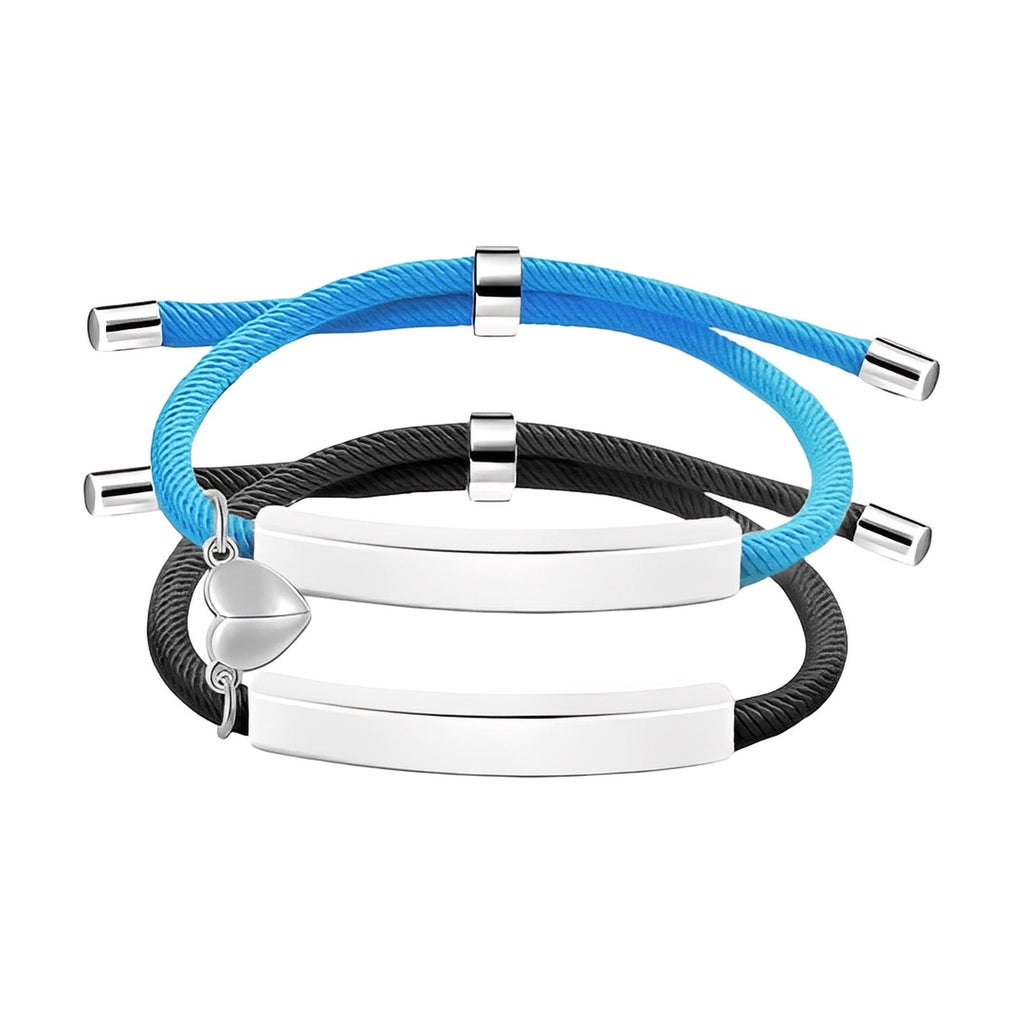 Bracelets couples en corde bleu et noir avec plaques gravables inox et cœur aimanté argenté.