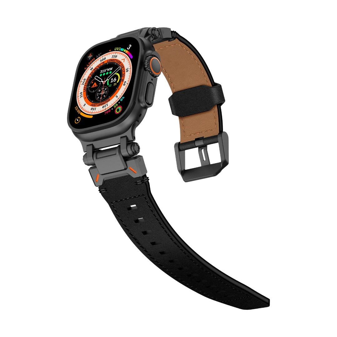 Bracelet en cuir noir avec doublure marron, boucle ardillon en acier inoxydable adapté Apple Watch 42-49 mm.