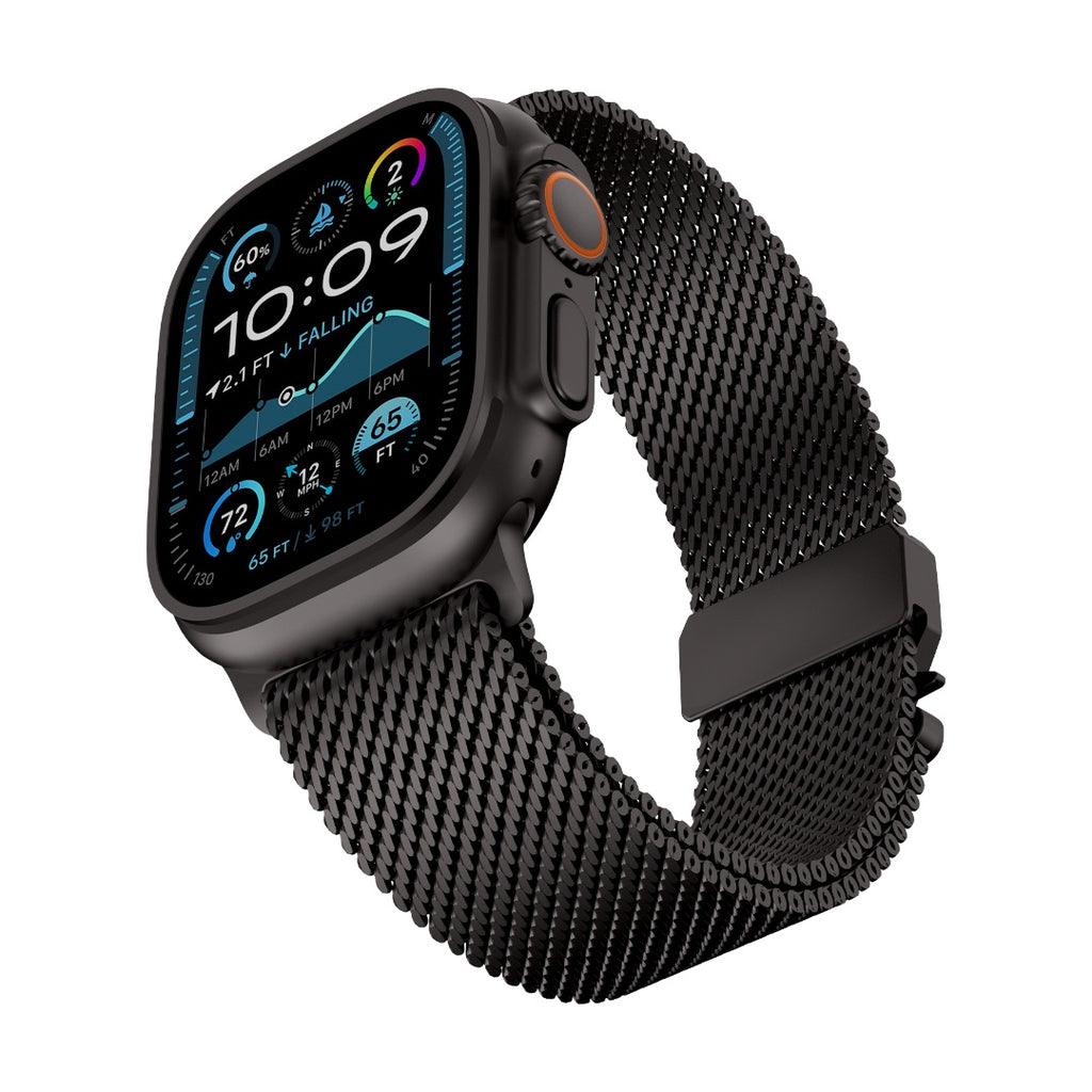 Bracelet Apple Watch maille milanaise noire en acier inoxydable avec fermoir sécurité parachute tâcheté.