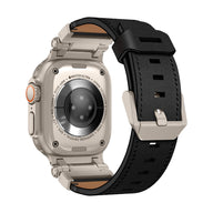 Bracelet en cuir noir pour Apple Watch avec boucle ardillon en acier inoxydable, style robuste et coutures apparentes.