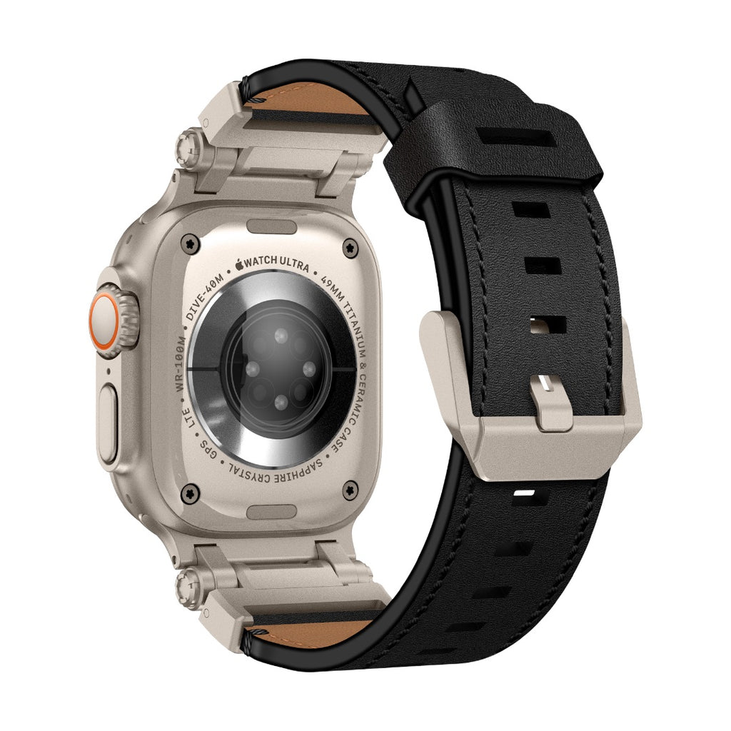 Bracelet en cuir noir pour Apple Watch avec boucle ardillon en acier inoxydable, style robuste et coutures apparentes.