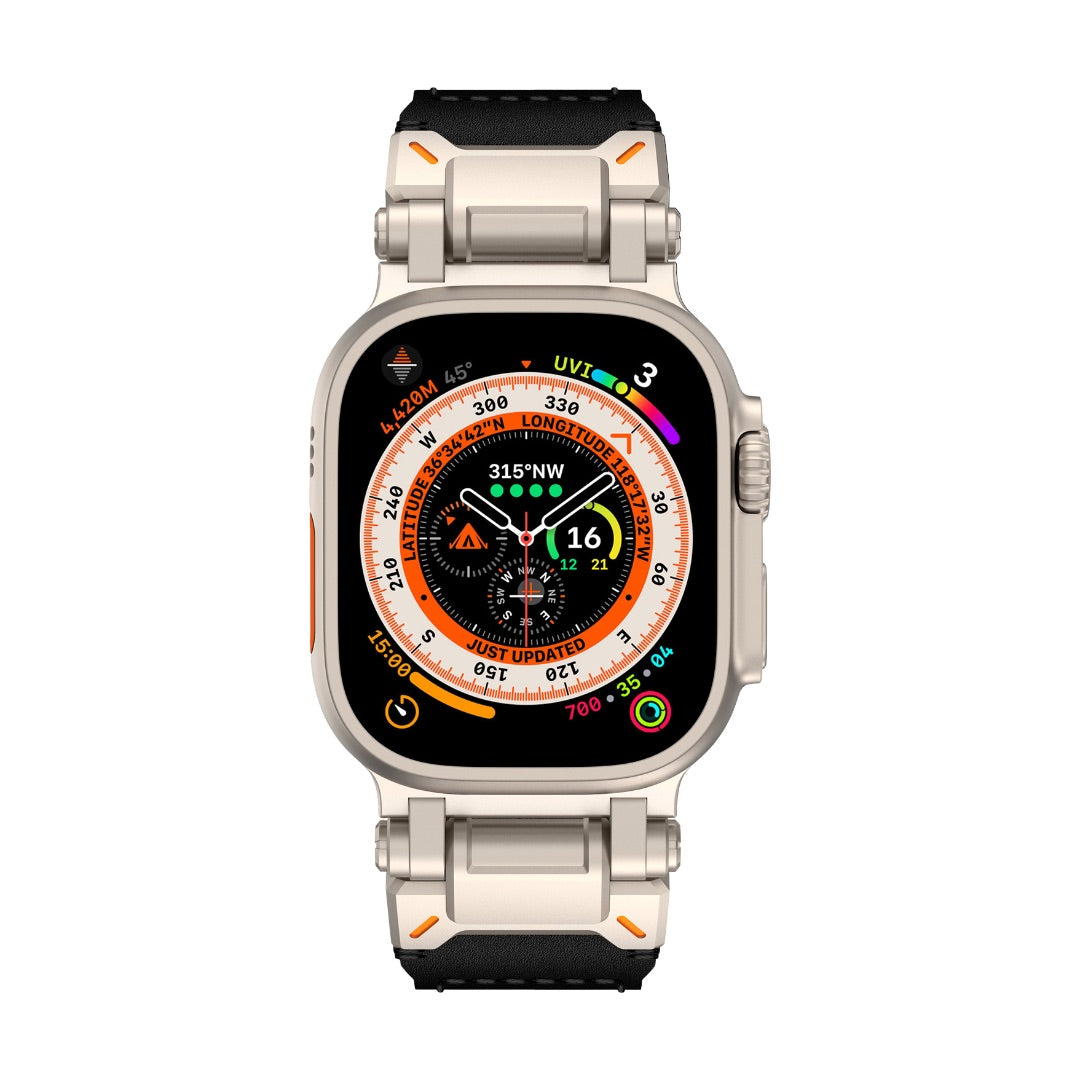 Bracelet cuir noir et beige pour Apple Watch, boucle ardillon acier inoxydable, style robuste explorateur.