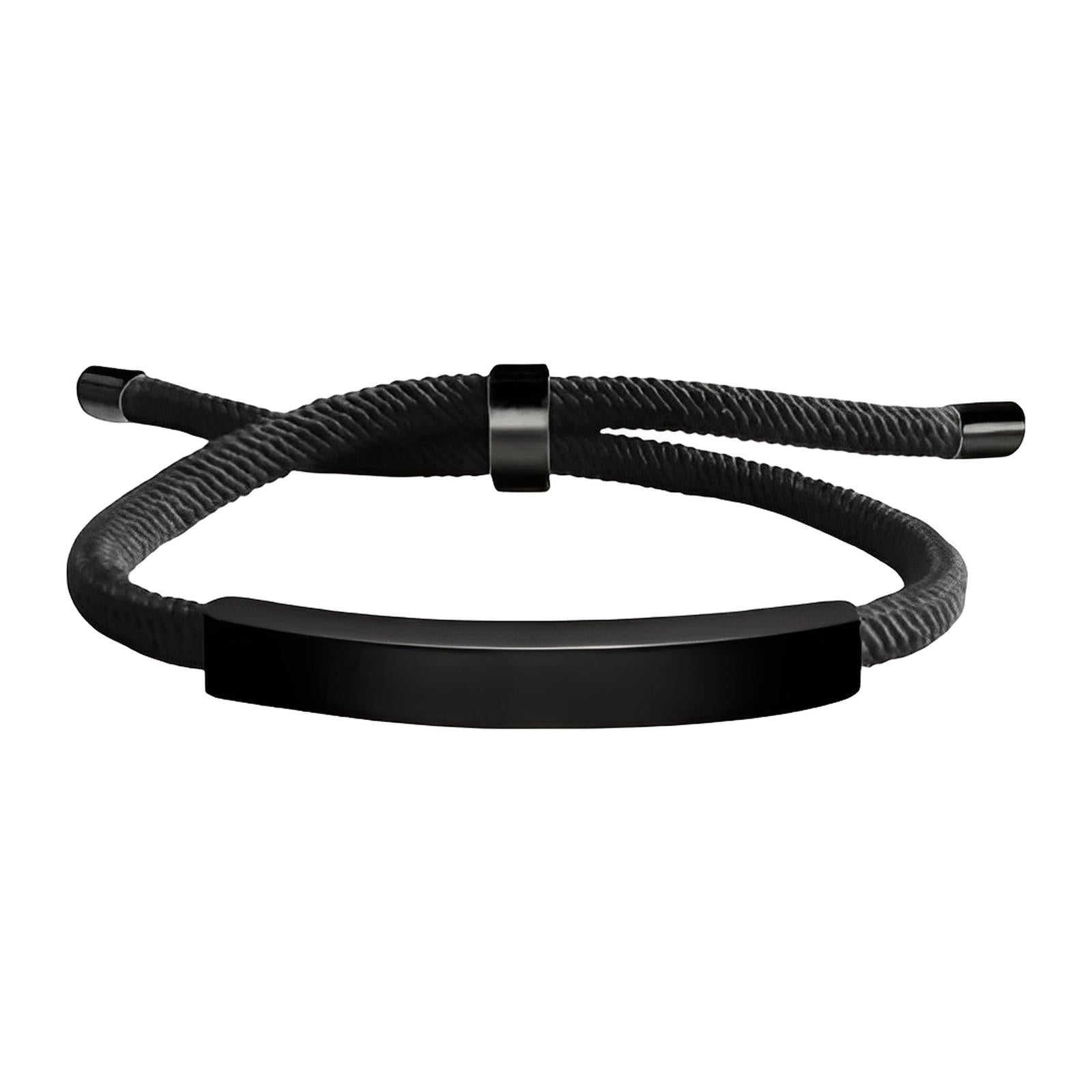 Bracelet noir en cordon nylon avec barre en acier inoxydable et fermoir coulissant ajustable.