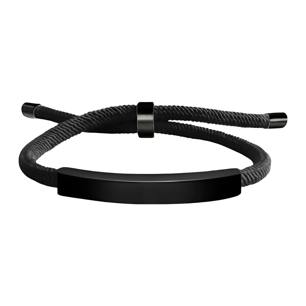 Bracelet noir en cordon nylon avec barre en acier inoxydable et fermoir coulissant ajustable.