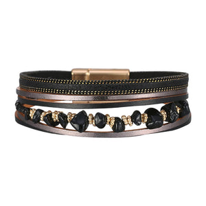 Multi-strand bracelet in vegan imitation leather, irregular natural stones, gold-colored magnetic clasp, bold style, Estie model