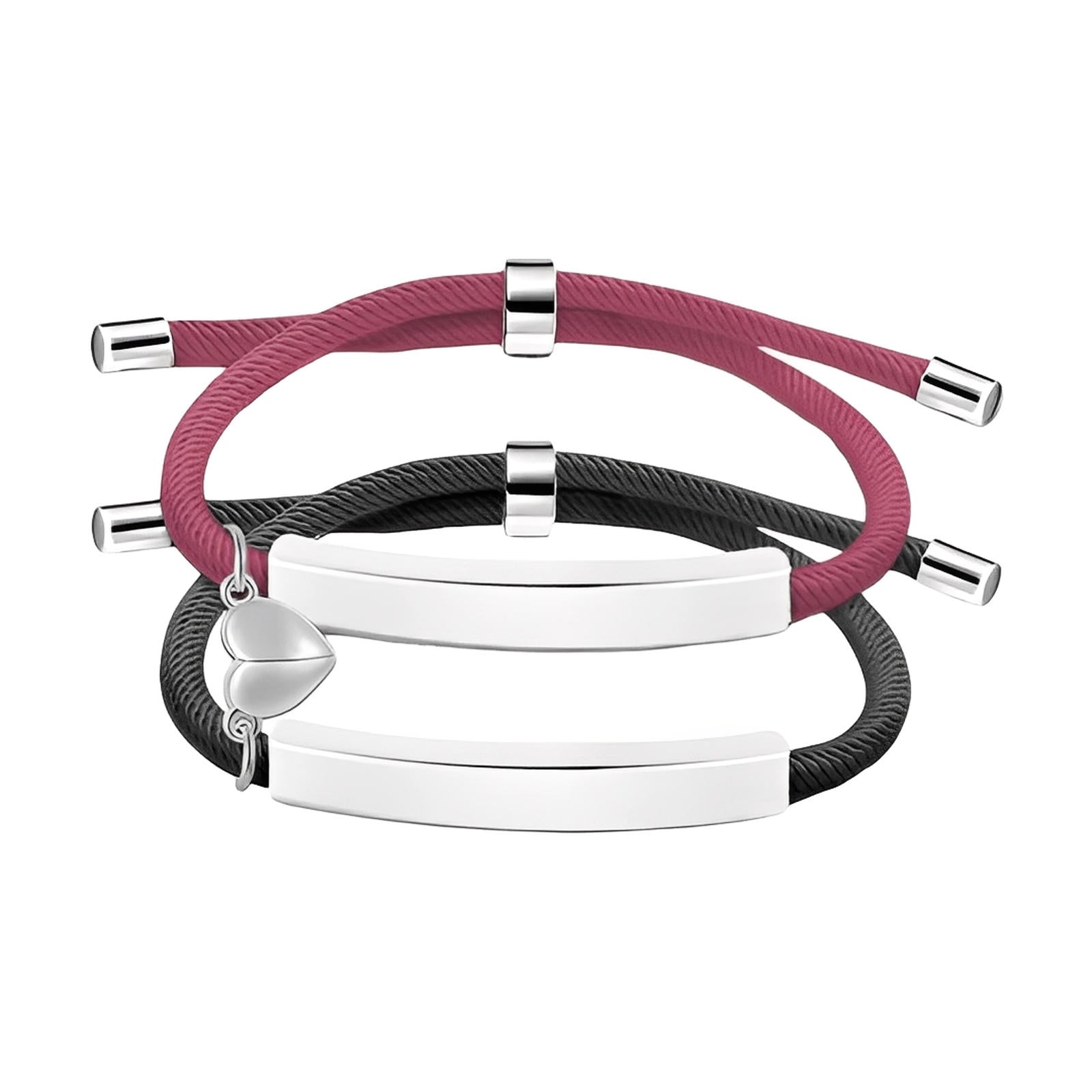 Bracelet couple corde rose et noir avec plaques acier inoxydable et cœur magnétique gravable.